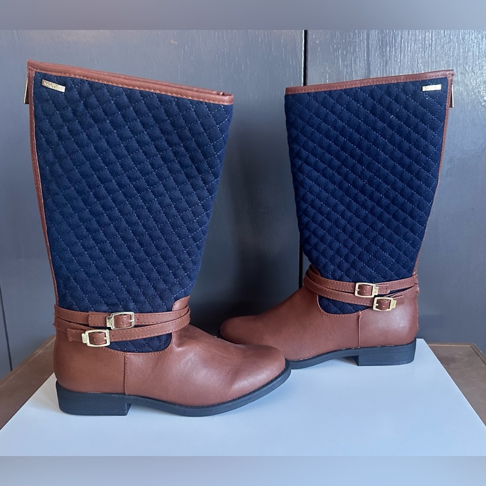 NWOT Nautica Navy and Brown Quilted Knee-High Boots - Picture 4 of 9